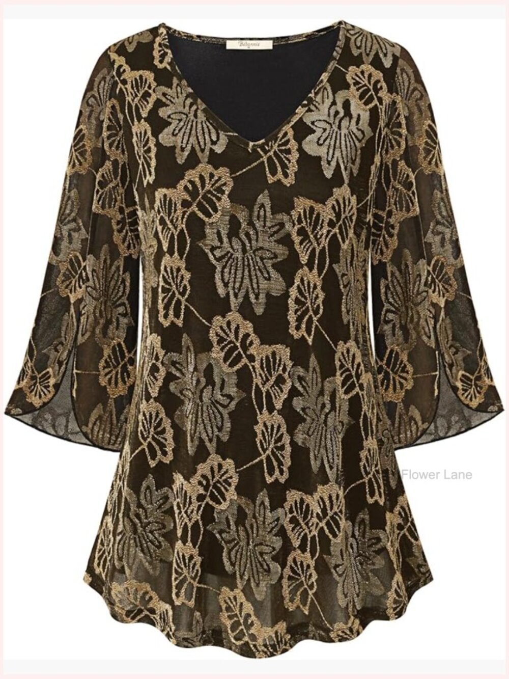 Ruffle 3/4 Sleeve V Neck Double Layers Mesh Blouse Tunic Top Flowy Loose Fit